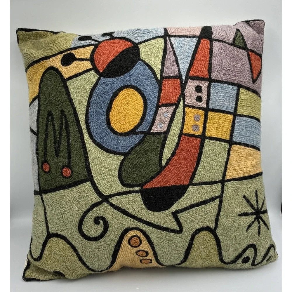 Kandinsky Miro Inspired Cushion Pillow Geometric Retro Art Chain Stitch 16x16